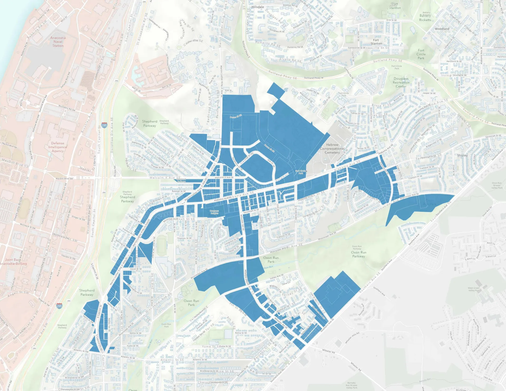 Map of Congress Heights showing the Soul of the City BID area highlighted in blue across parcels near Martin Luther King Jr Avenue SE and surrounding streets.